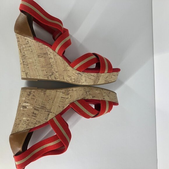 Merona Red Tan Stripe Elastic‎ Straps Cork Wedge Summer Sandals Sz 8.5 - Picture 5 of 14